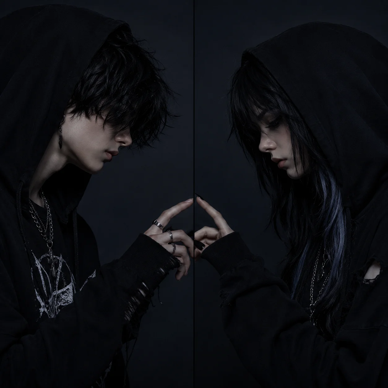 matching-emo-couple-pfp-boy-girl-dark-hoodie-hands-touching Matching emo couple pfp of boy and girl in dark hoodies with hands almost touching and moody dark background for Discord duo avatar