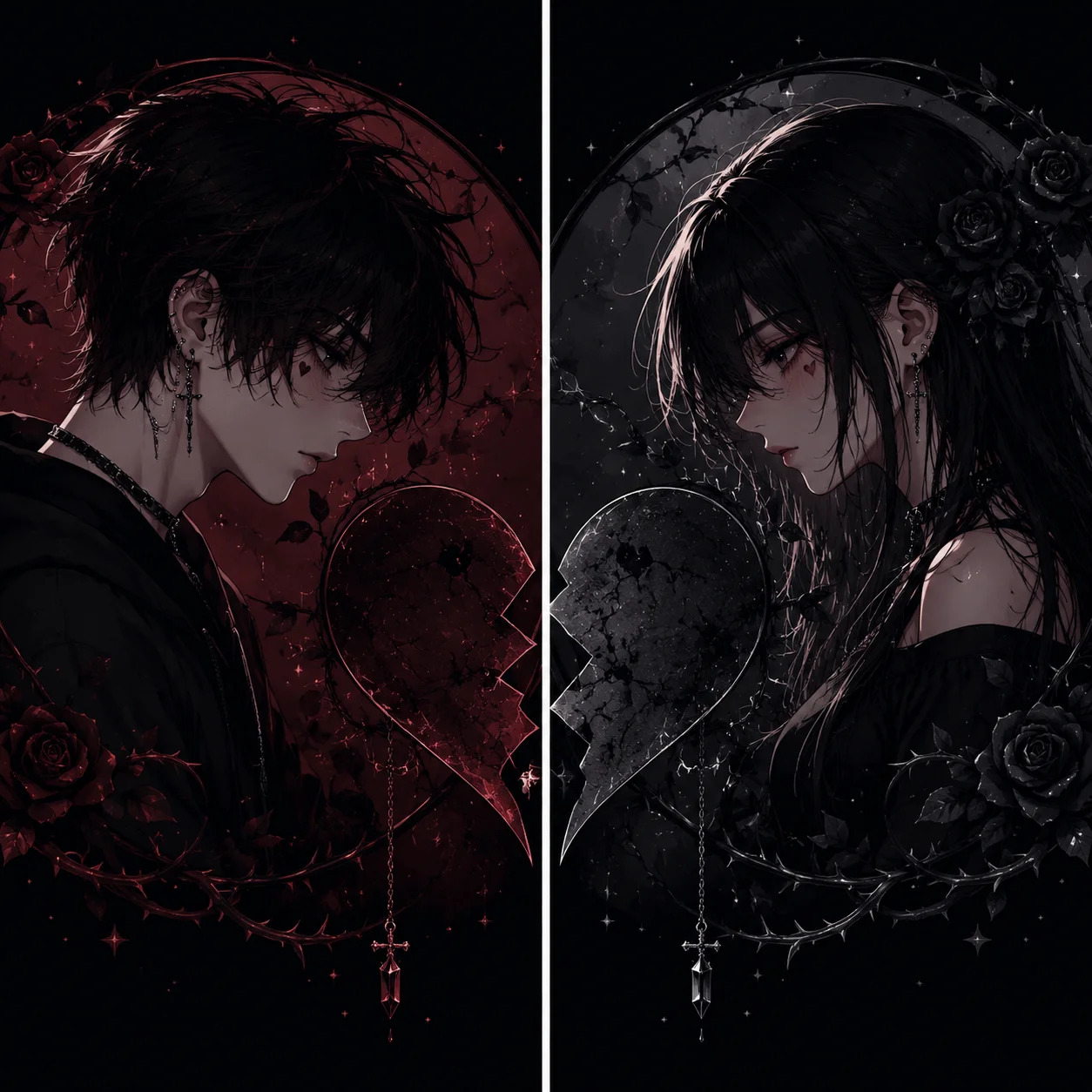 matching-emo-couple-pfp-split-heart-dark-floral-complementary Matching emo couple pfp with split dark heart design, black roses, and complementary color tones for aesthetic Instagram partner avatars