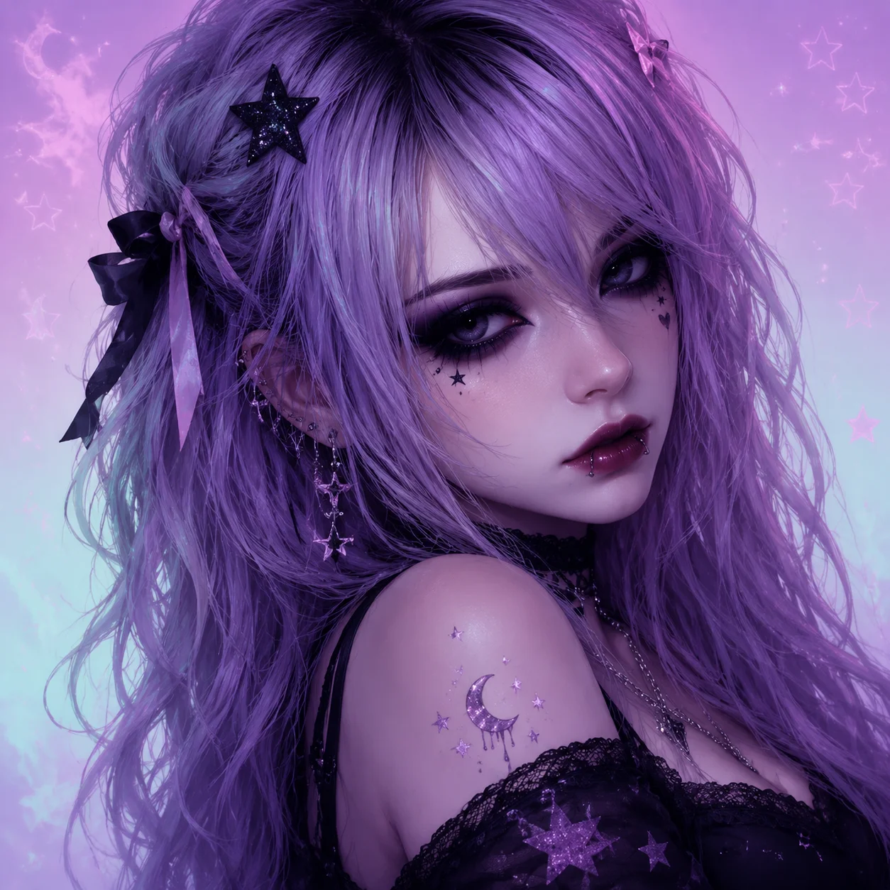pastel-goth-emo-pfp-lavender-hair-dark-eyes-soft-background Pastel goth emo pfp with lavender purple hair, darkly lined eyes, and soft dreamy background for aesthetic Discord profile avatar