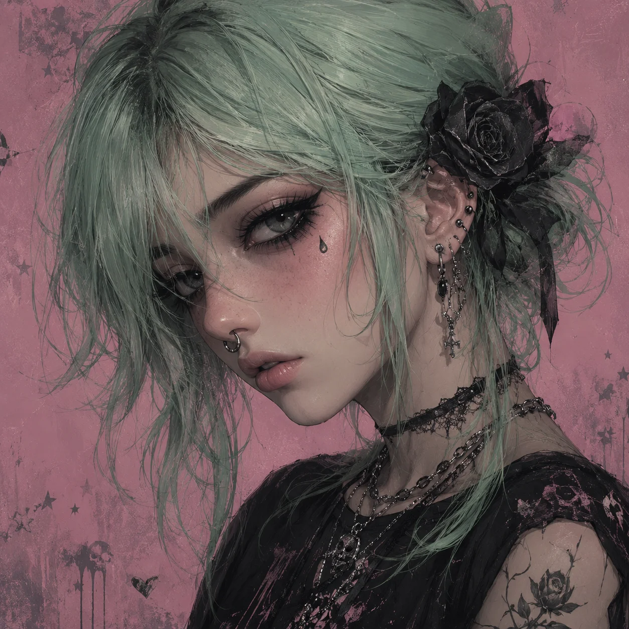 pastel-goth-emo-pfp-mint-green-hair-teardrop-tattoo-soft-grunge Pastel goth emo pfp with mint green hair, subtle teardrop detail, soft grunge styling, and muted rose tones for Instagram avatar