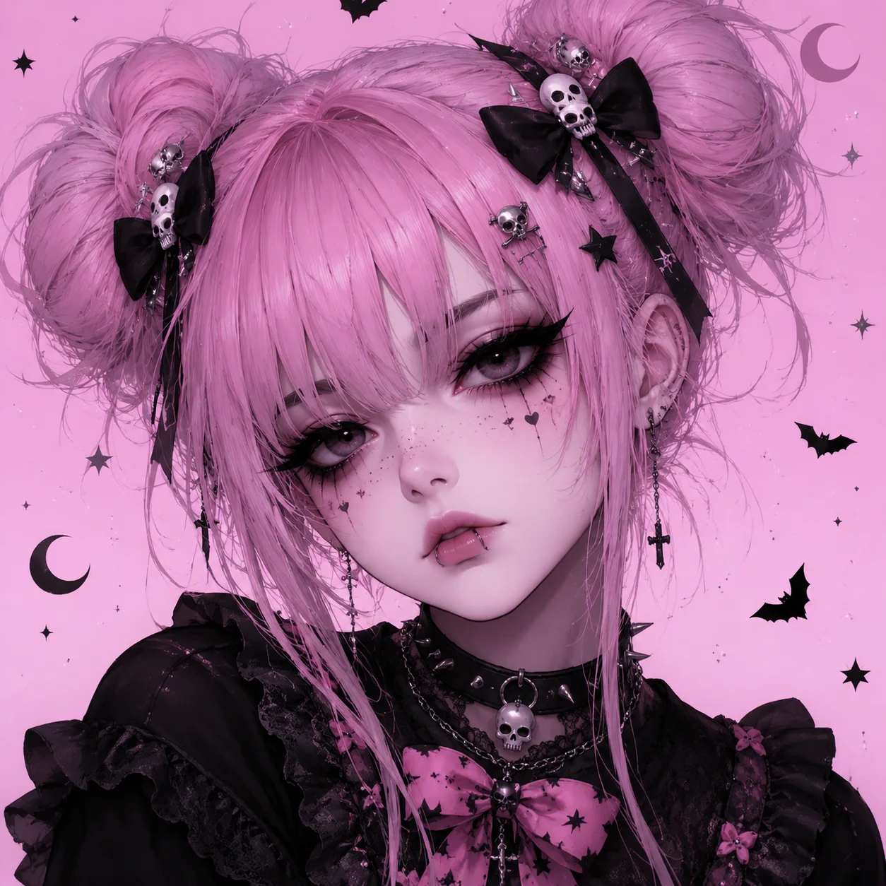 pastel-goth-emo-pfp-pink-twin-buns-skull-bow-dark-expression Pastel goth emo pfp with pink twin buns, skull bow accessories, pale skin, and dark expression for alternative TikTok avatar
