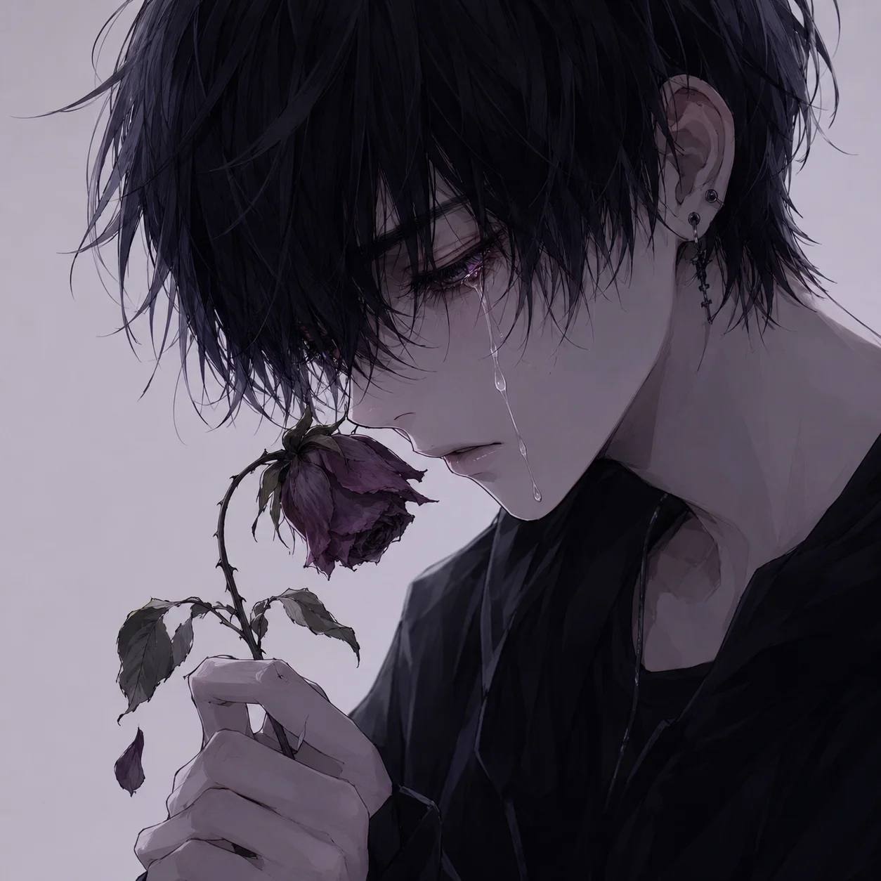 sad-emo-pfp-anime-style-wilting-flower-tear-streaked-pale Sad emo pfp in anime style holding a wilting flower with tear-streaked cheeks and pale soft background for aesthetic profile picture
