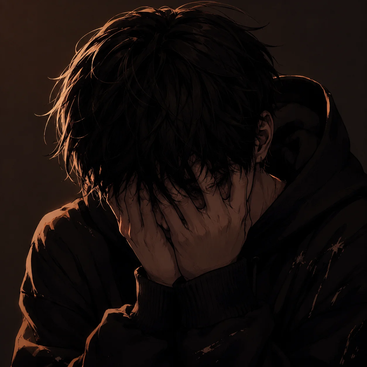 sad-emo-pfp-boy-covering-face-hands-dark-hoodie-moody Sad emo pfp of a boy covering his face with hands wearing dark hoodie and moody low lighting for relatable aesthetic avatar