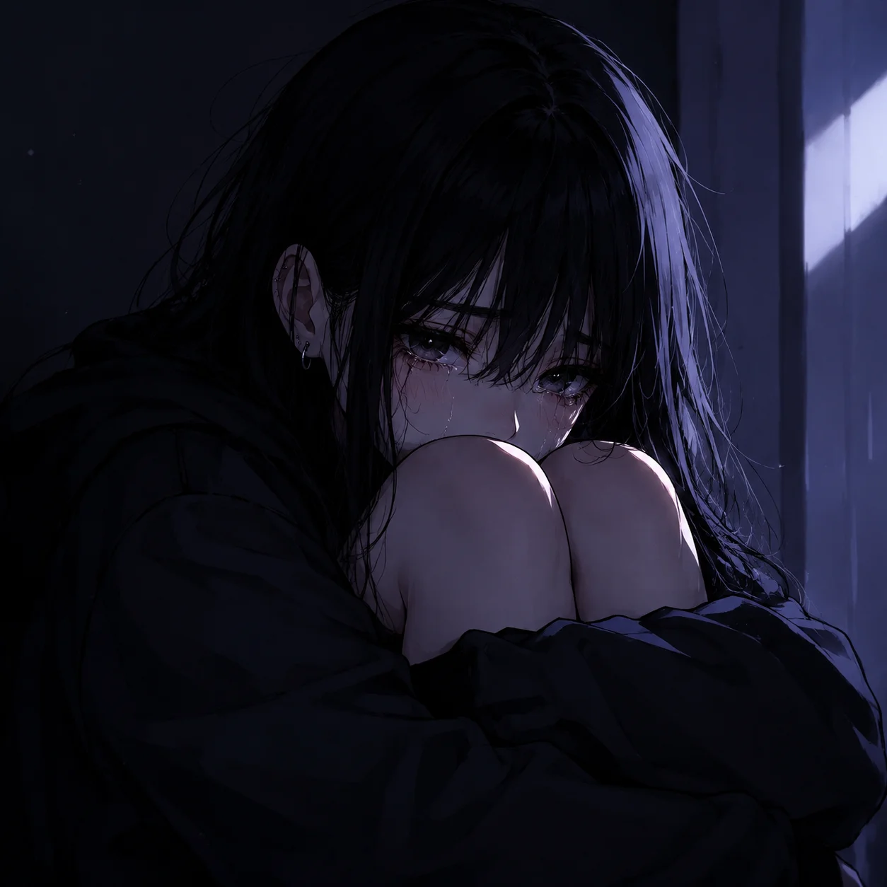 sad-emo-pfp-girl-knees-drawn-up-dark-room-crying Sad emo pfp of a girl hugging her knees in a dark room with soft light and tearful expression for emotional Discord avatar