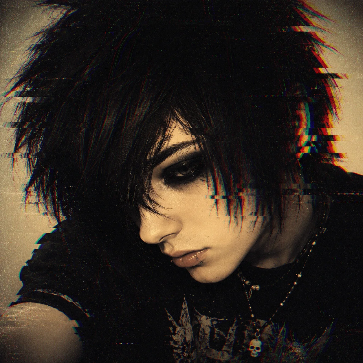 y2k-emo-pfp-glitch-overlay-retro-grain-dark-eyeliner-myspace Y2K emo pfp with glitch overlay, retro film grain, heavy dark eyeliner, and vintage color grading for nostalgic TikTok avatar