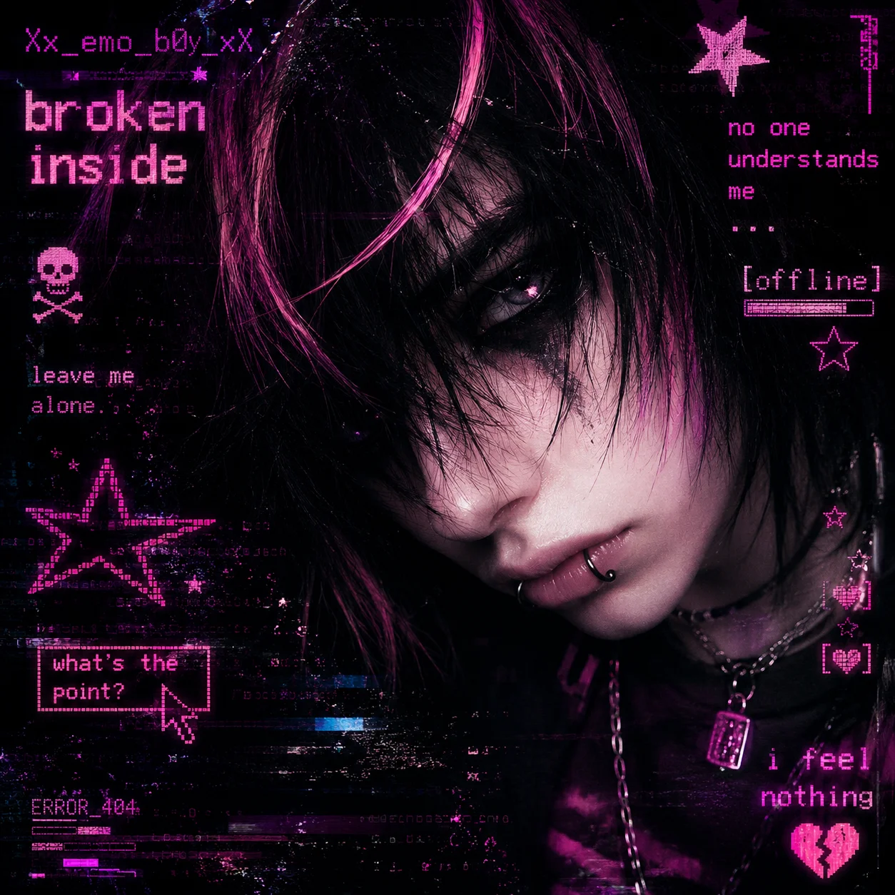 y2k-emo-pfp-neon-pink-text-overlay-dark-background-retro-edit Y2K emo pfp with neon pink text overlay, dark grainy background, and retro digital art edit style for vintage Instagram avatar