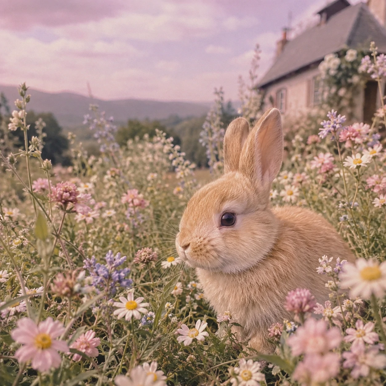 Aesthetic bunny profile picture of a rabbit sitting among wildflowers in pastel tones