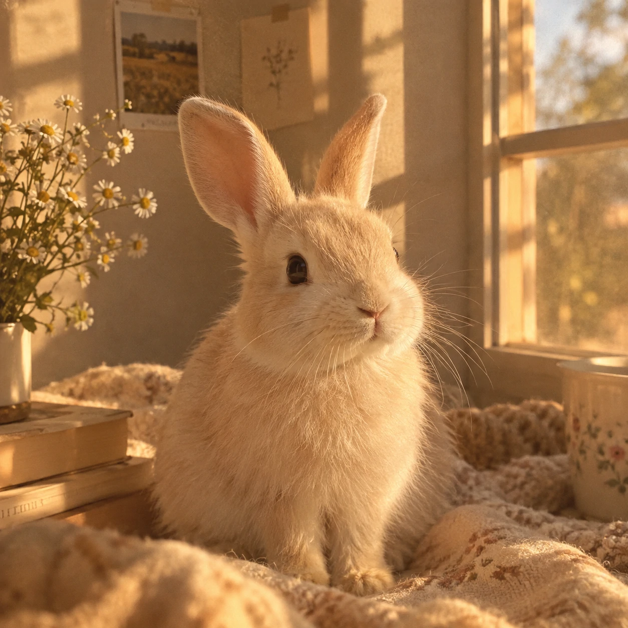 Aesthetic bunny pfp with a cream rabbit sitting in warm golden hour window light