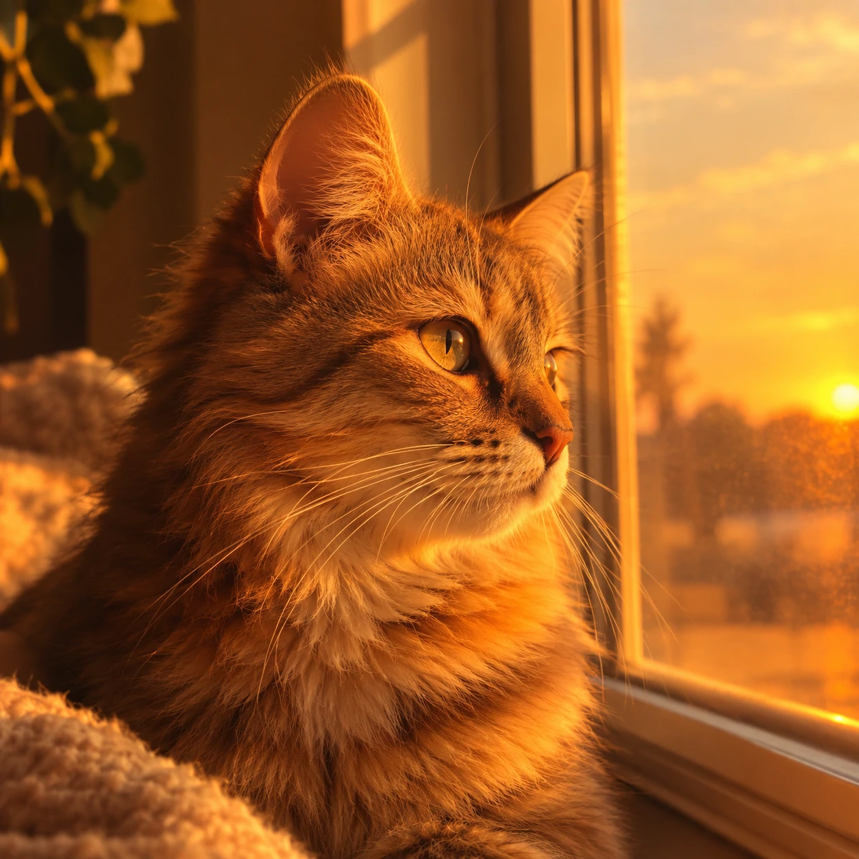 Cat sitting by a window in golden hour light, aesthetic profile picture with warm tones