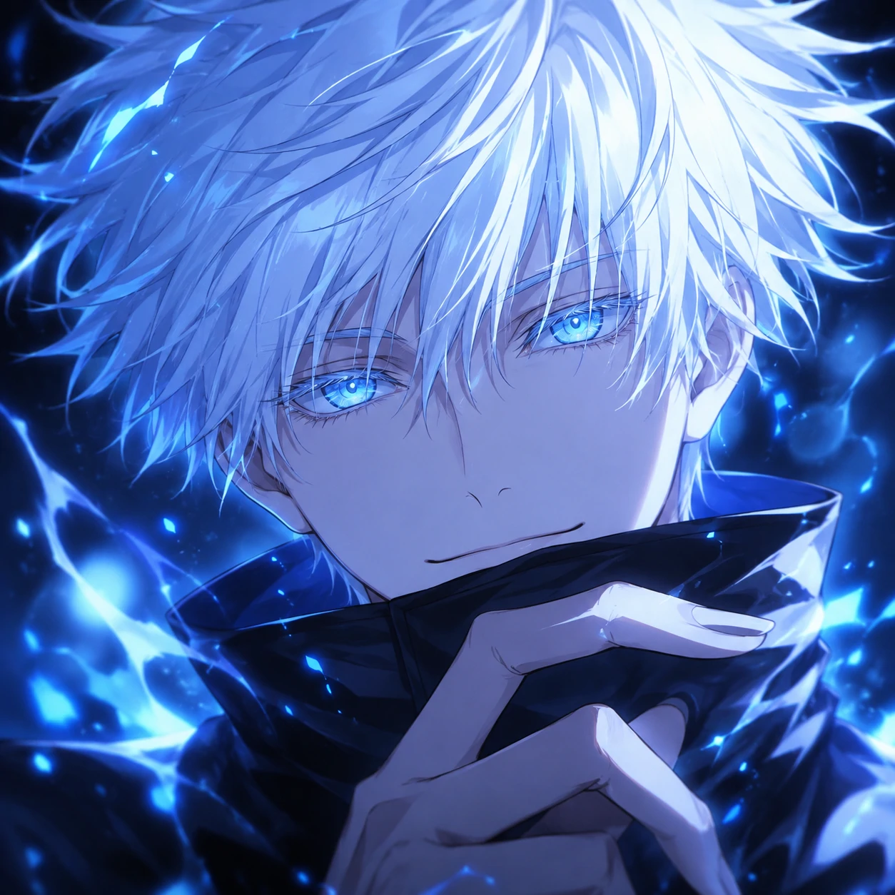 Aesthetic Gojo PFP with soft blue glow and calm close-up portrait