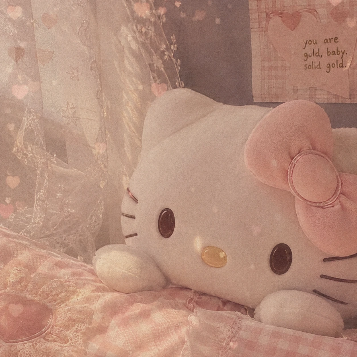 Aesthetic Hello Kitty PFP with muted pastel tones and a soft dreamy filter overlay