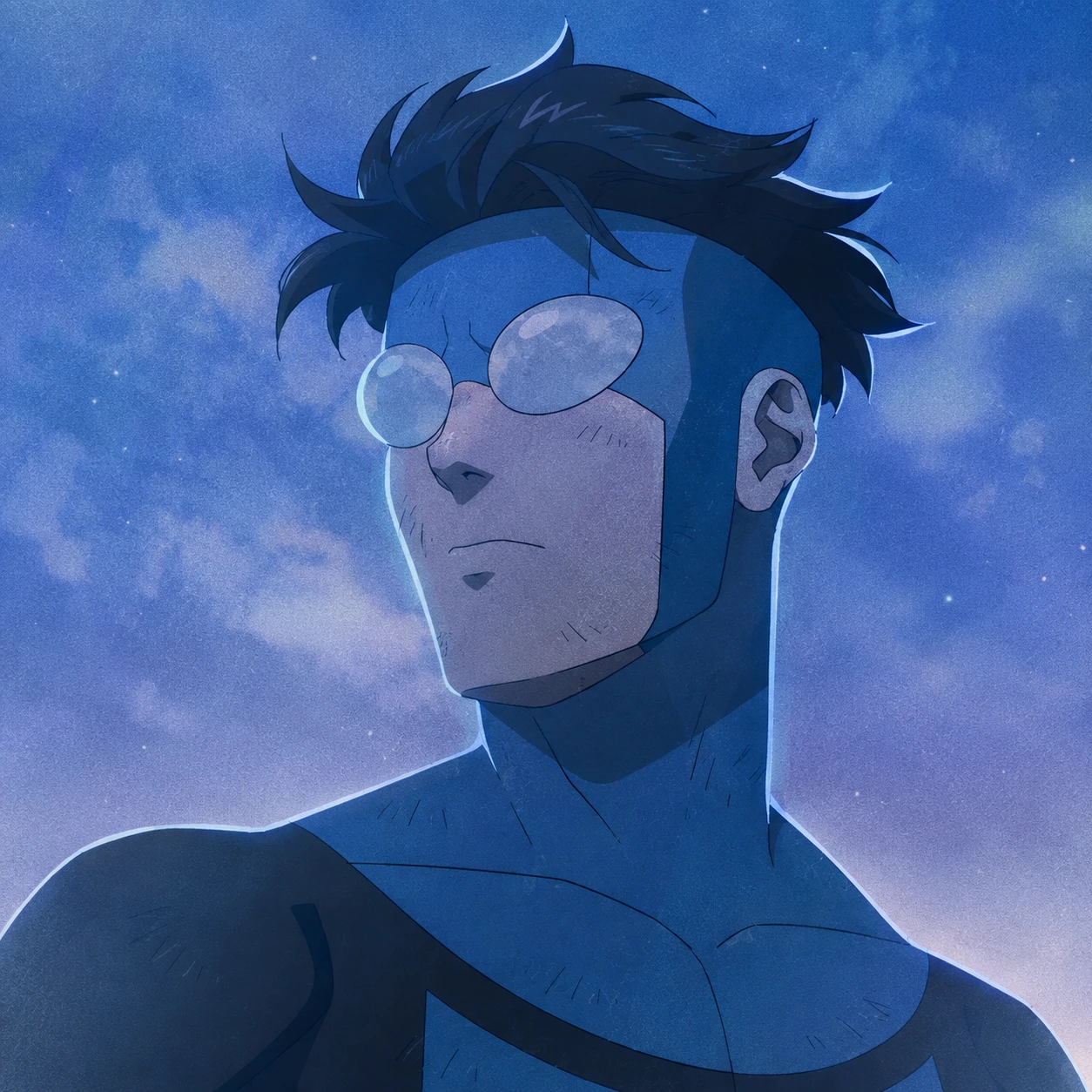 Muted blue toned aesthetic Invincible profile picture with dreamy grain and gradient background