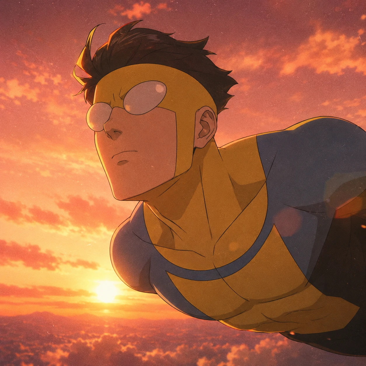 Aesthetic Invincible PFP of Mark Grayson glowing against a soft orange sunset sky