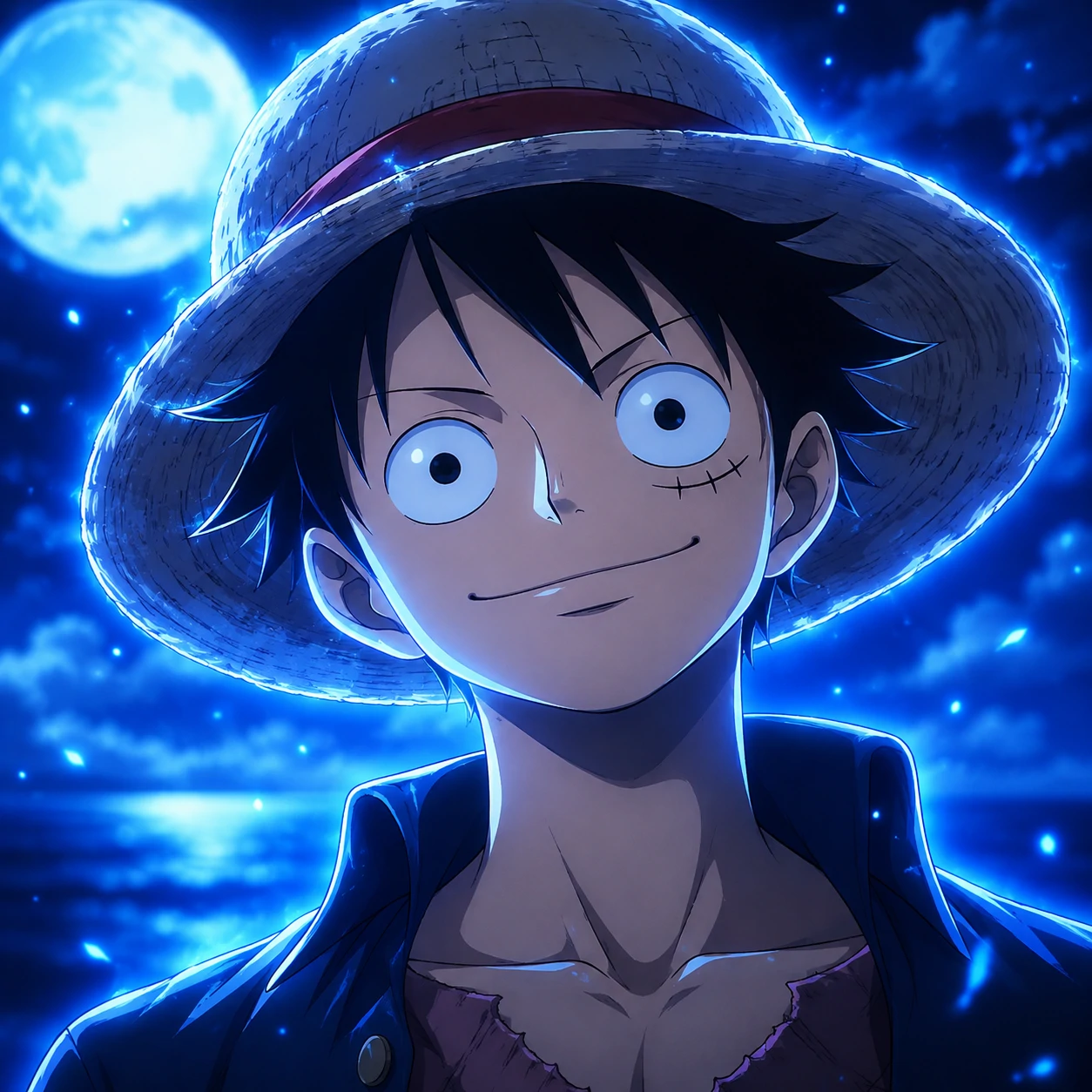 Aesthetic Luffy profile picture with blue glow, gentle smile, and soft contrast