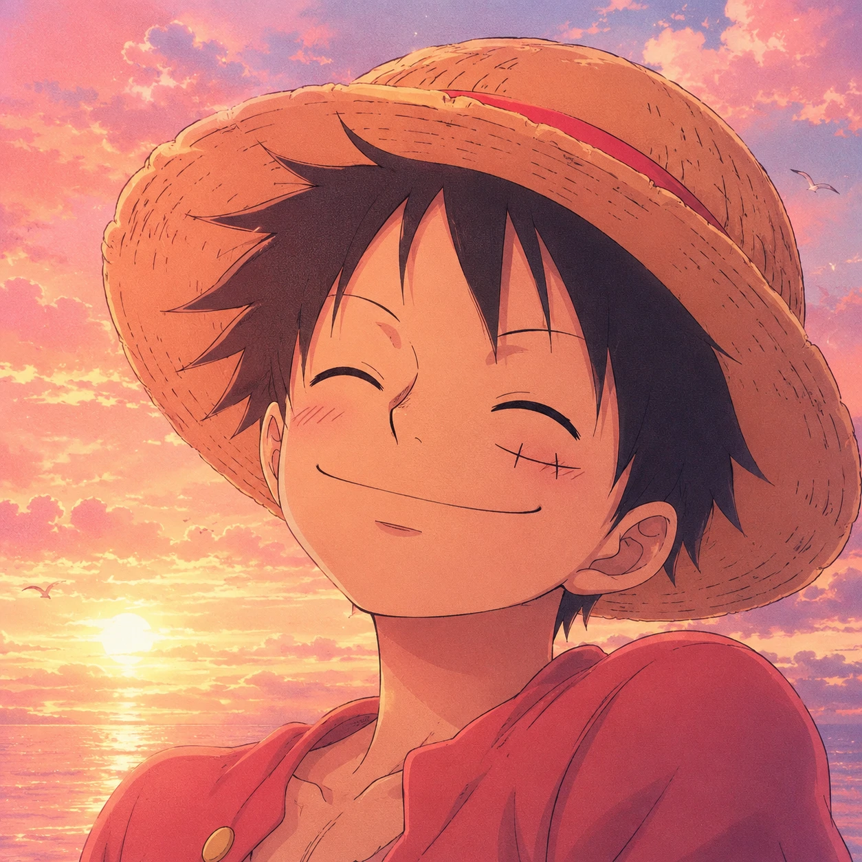 Aesthetic Luffy pfp with pastel sunset tones and soft anime shading