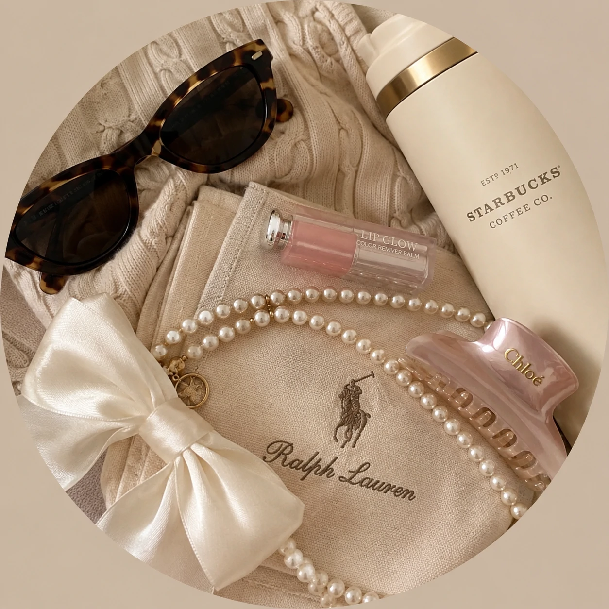 Muted neutral preppy pfp aesthetic with warm beige backdrop and glossy styling details
