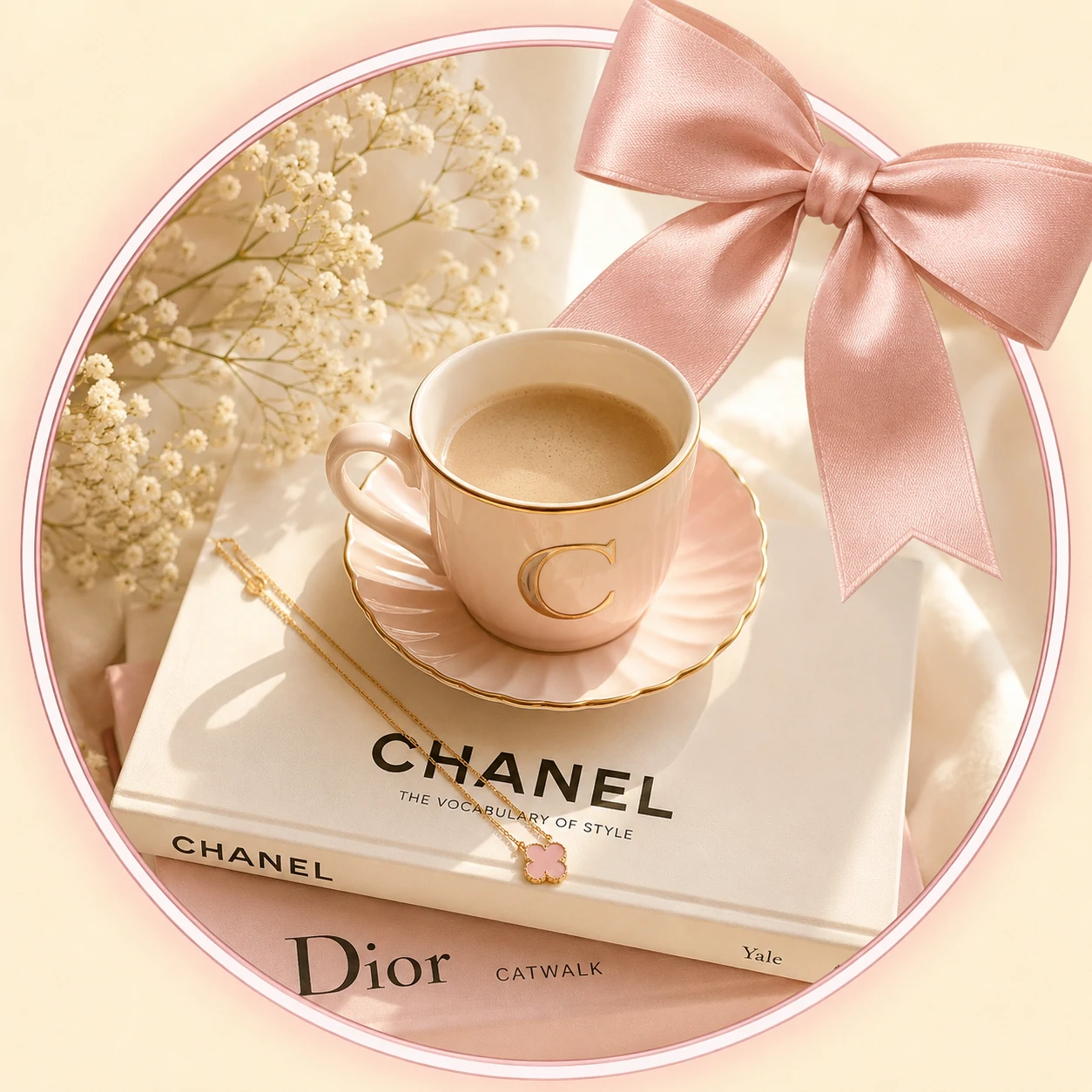 Aesthetic preppy pfp with soft pastel glow, cream backdrop, and a delicate pink bow accent