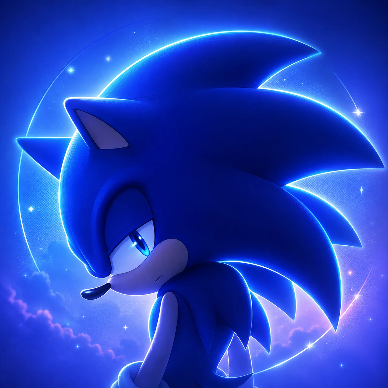 Aesthetic Sonic PFP with soft blue gradient background and glowing neon highlights around the hedgehog