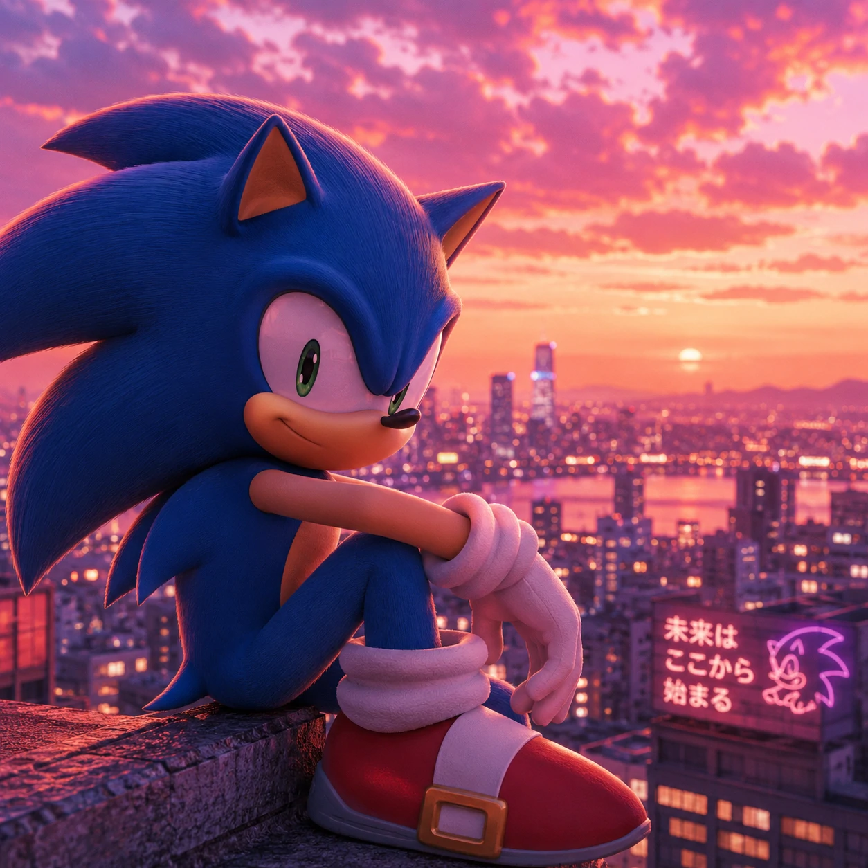 Aesthetic Sonic the Hedgehog icon posed in front of a soft sunset cityscape and warm bokeh lights