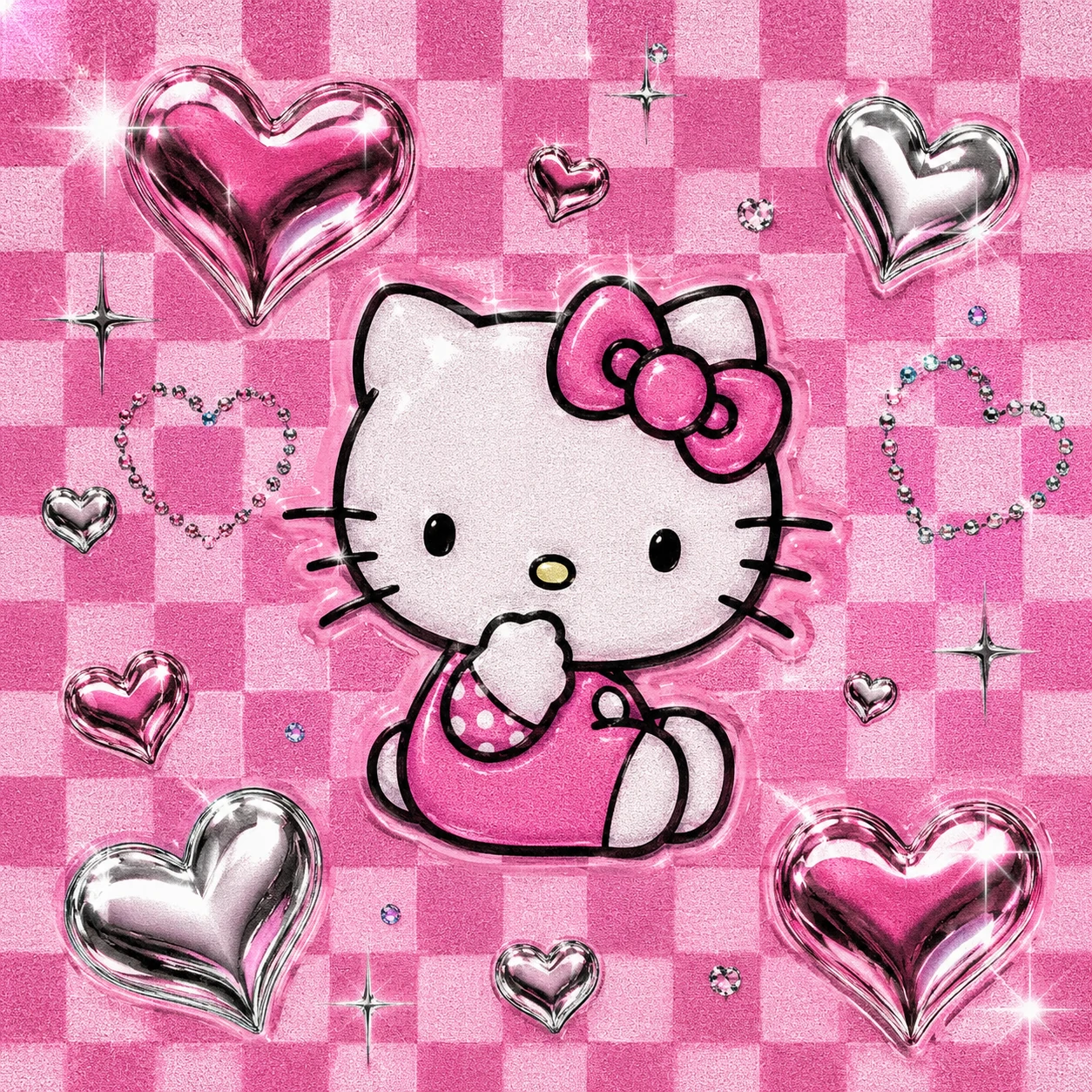 Aesthetic Y2K Hello Kitty PFP with pink checkerboard background and chrome heart stickers
