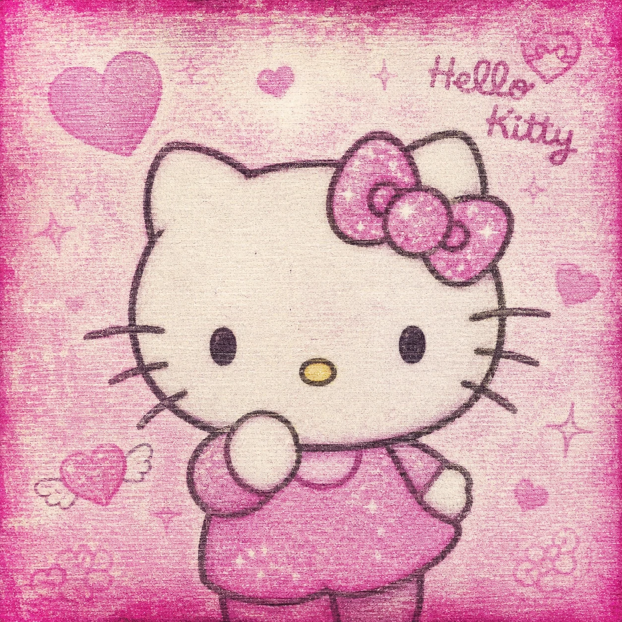 Grainy 2004 scan-style aesthetic Y2K Hello Kitty profile picture with pink faded edges