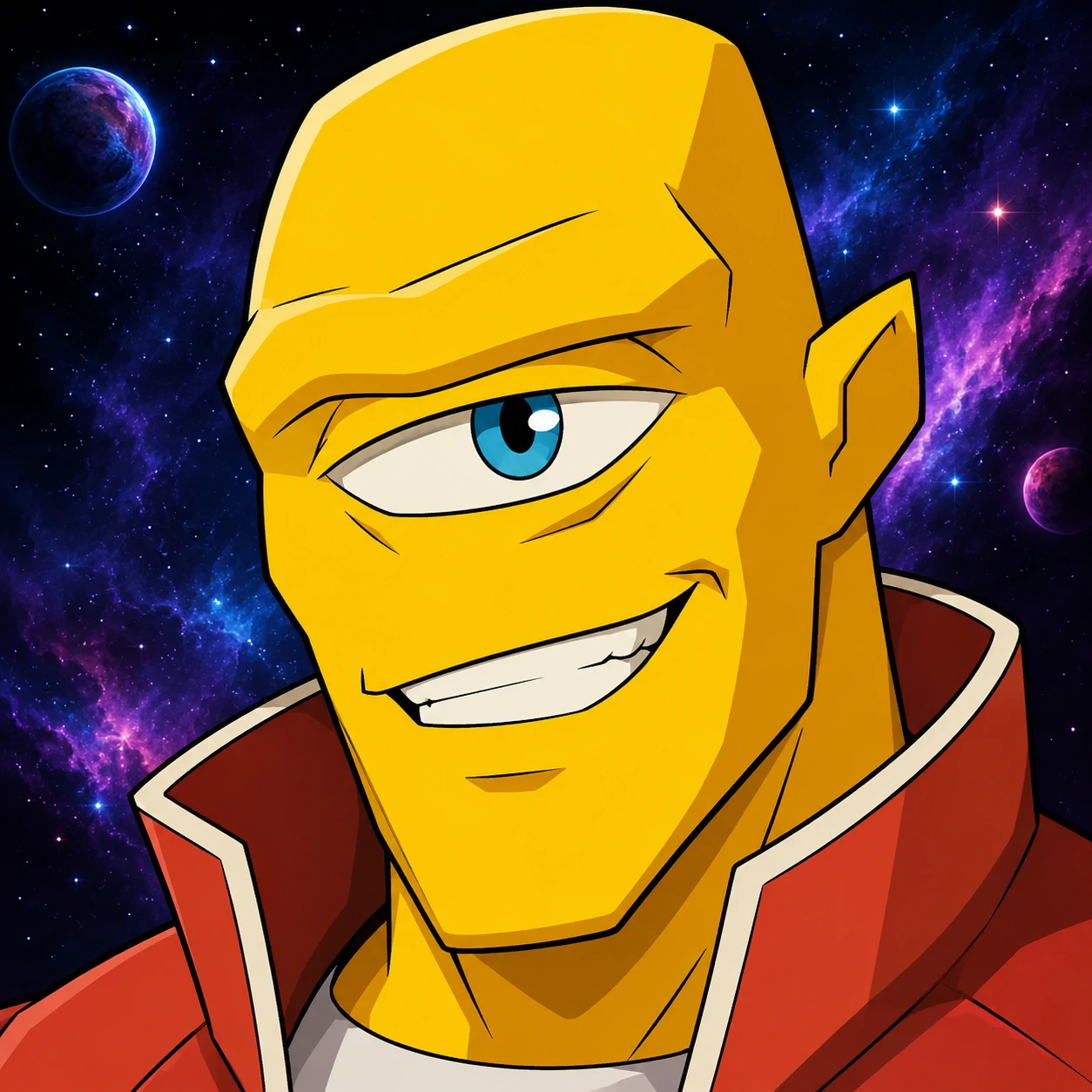 Allen the Alien Invincible PFP with yellow skin single eye and confident smile