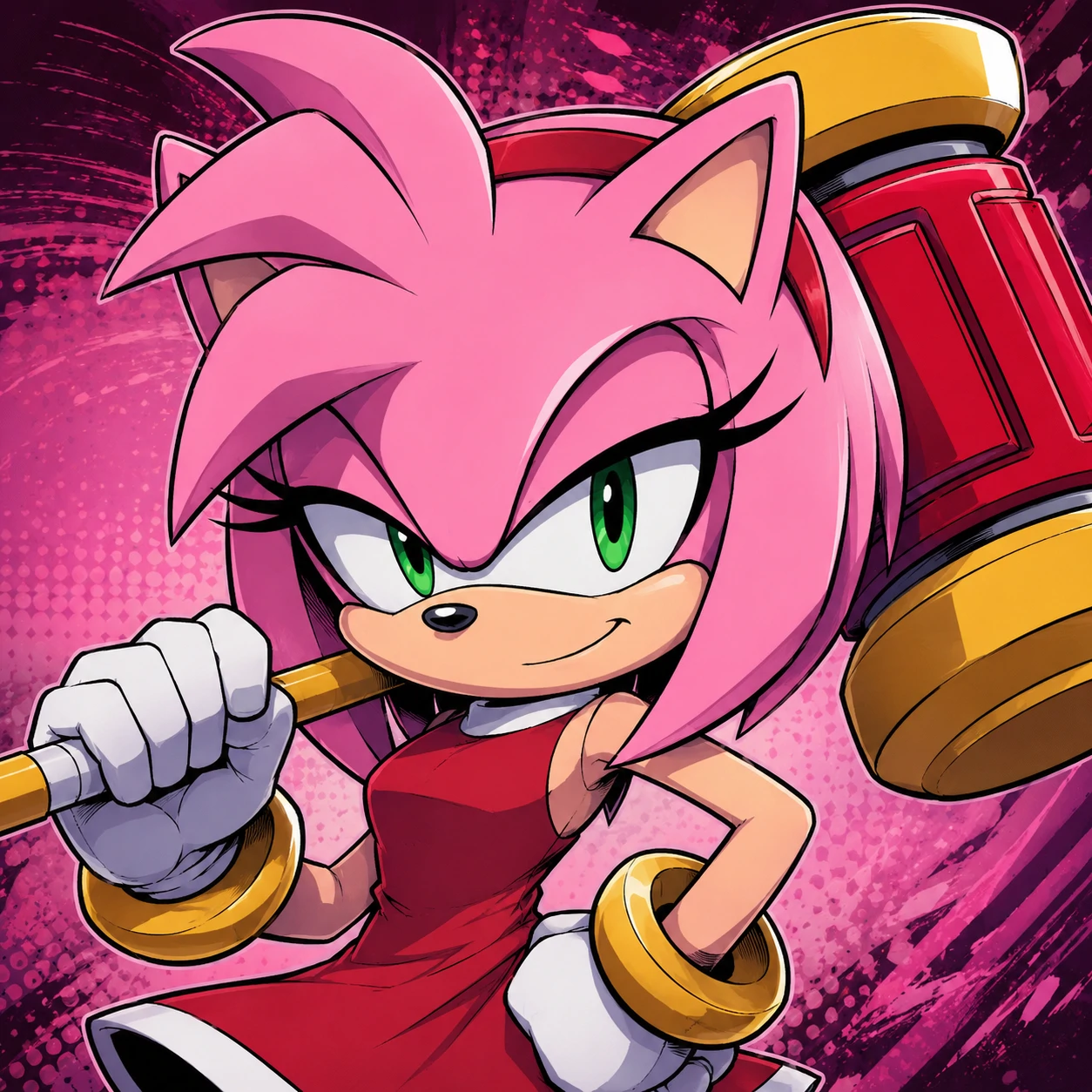 Modern IDW Amy Rose PFP holding her Piko Piko hammer with confident smirk