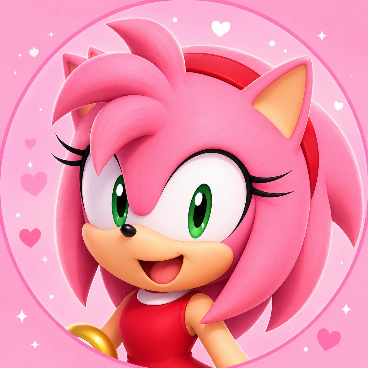 Amy Rose PFP with bright pink hedgehog fur red headband and cheerful smile