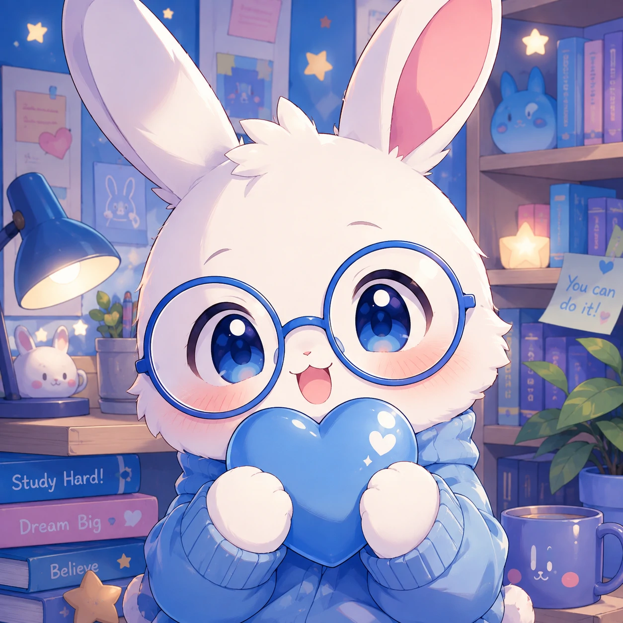 Cute anime bunny pfp wearing round blue glasses and holding a heart