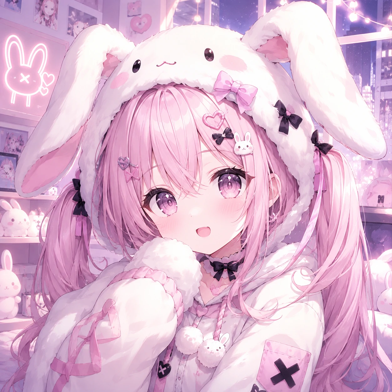 Anime bunny pfp of a girl with pastel pink hair wearing a fluffy bunny ear hood