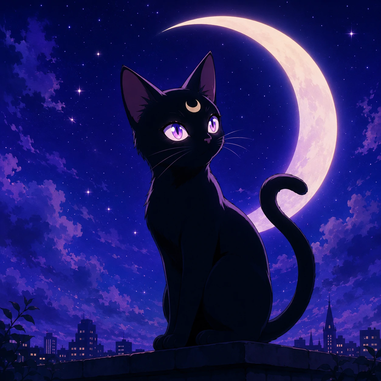 Anime-style black cat profile picture sitting under a crescent moon with glowing eyes