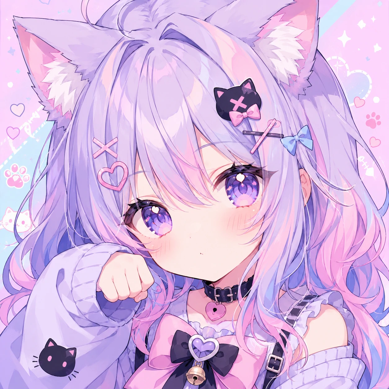 Anime cat PFP of a neko girl with cat ears, pastel hair and large sparkling eyes