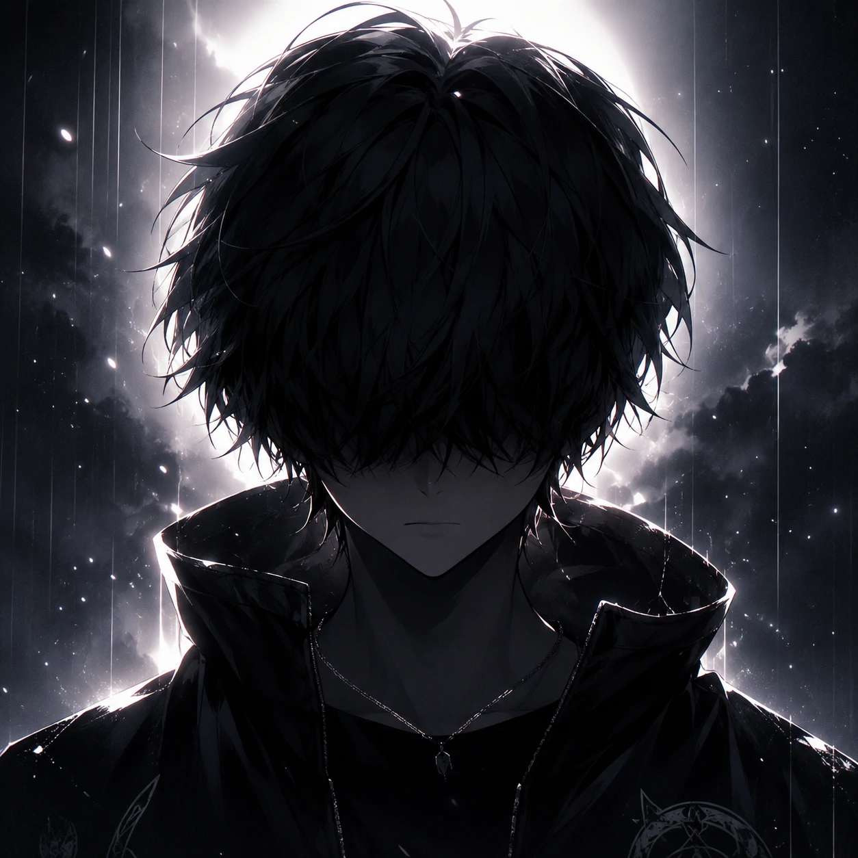 Anime unknown pfp with hair-covered eyes and moody backlit portrait