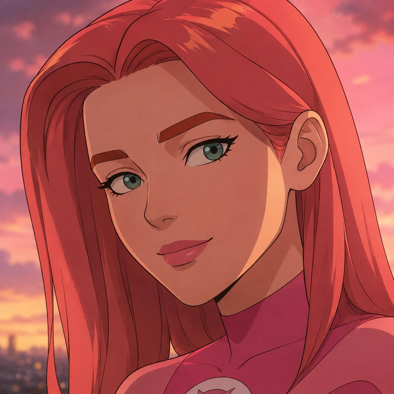 Atom Eve Invincible profile picture close up portrait with soft smile and pink hair
