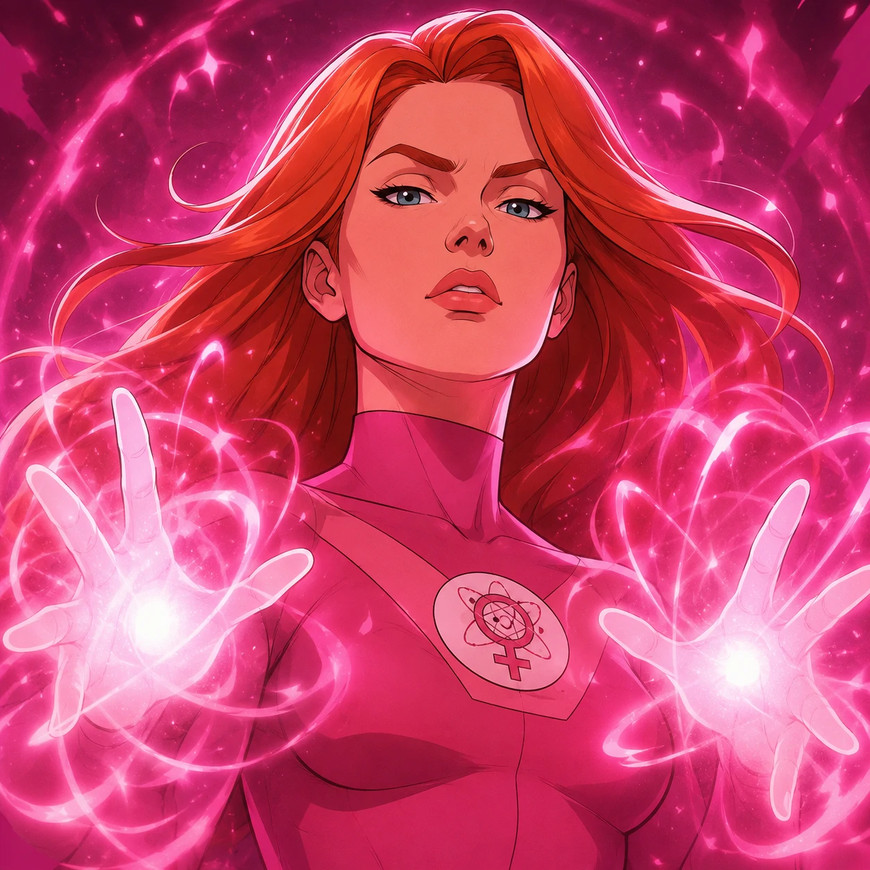 Atom Eve PFP from Invincible with pink energy glow around her hands