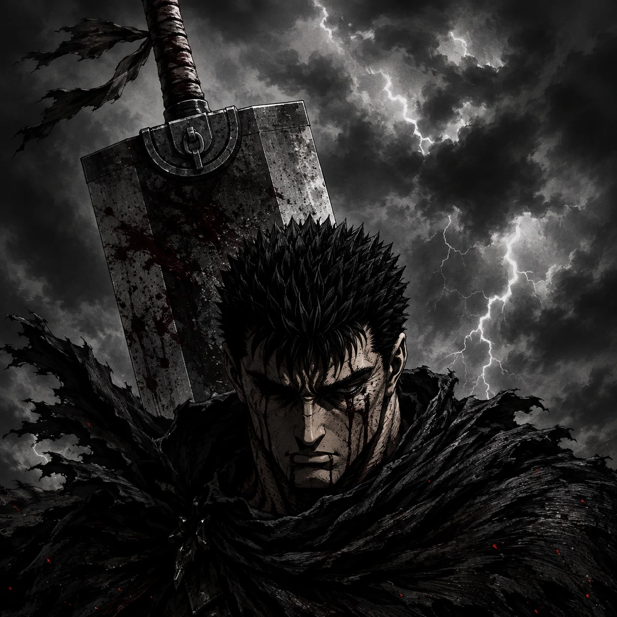 Guts Berserk profile picture with Dragonslayer backdrop and heavy storm clouds