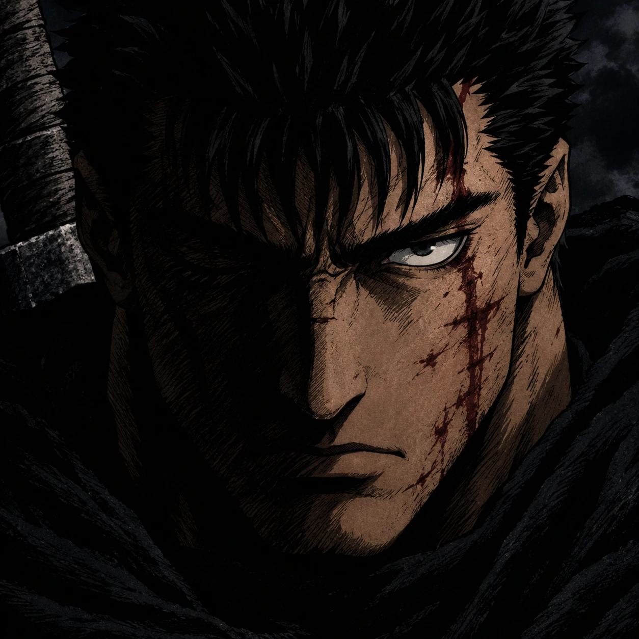 Berserk Guts pfp with iconic scarred face and classic dark anime framing