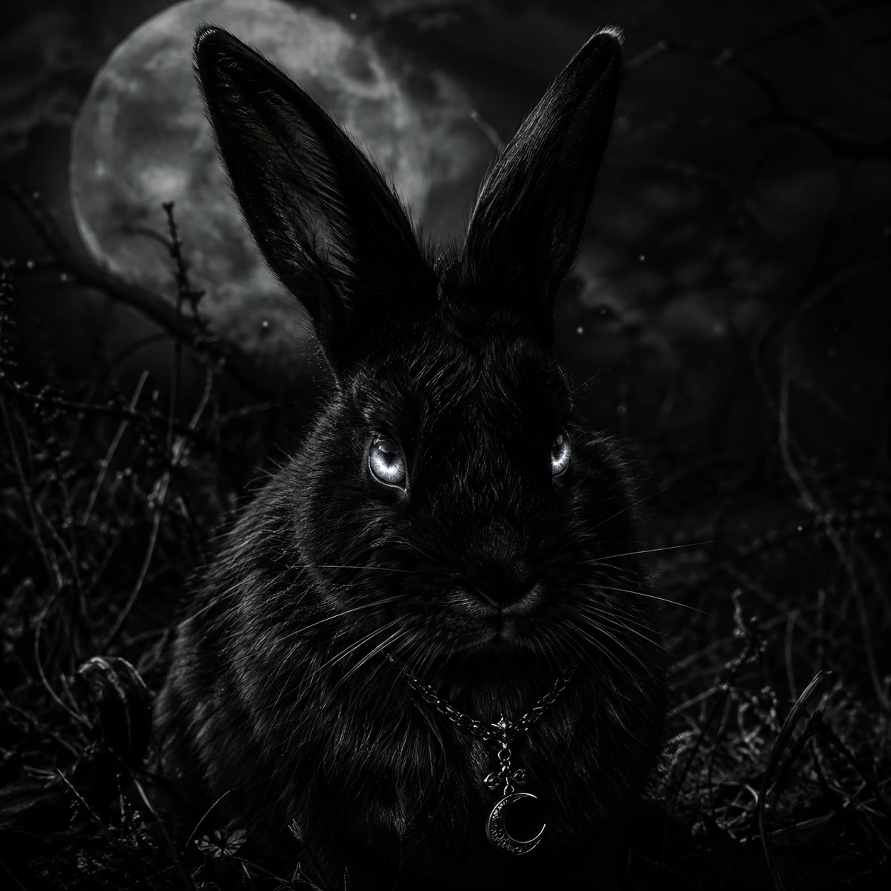 Black bunny pfp with dark fur, glowing silver eyes, and a moody shadow background
