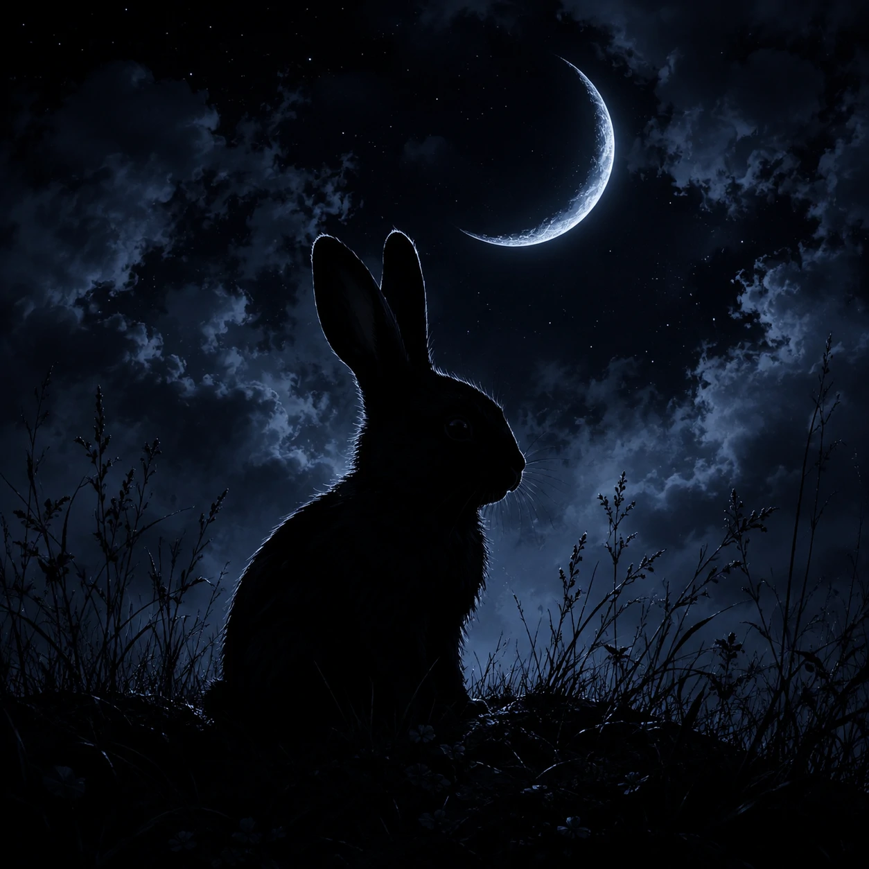 Dark bunny profile picture silhouetted under a crescent moon