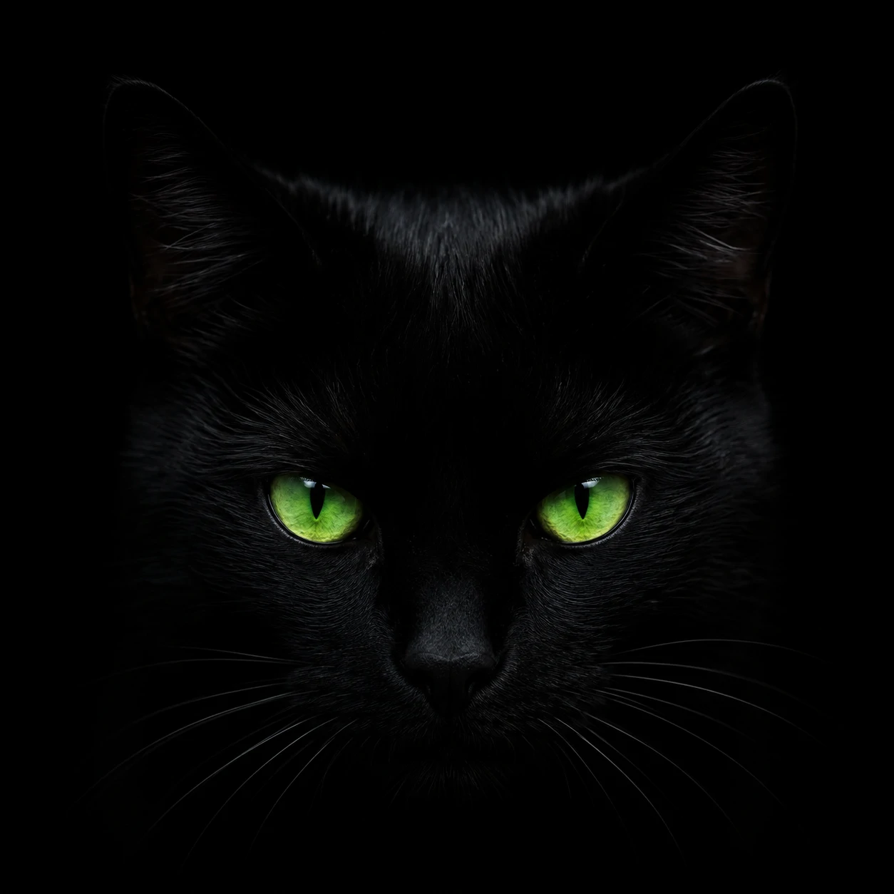 Black cat PFP with piercing green eyes emerging from a dark shadowy background