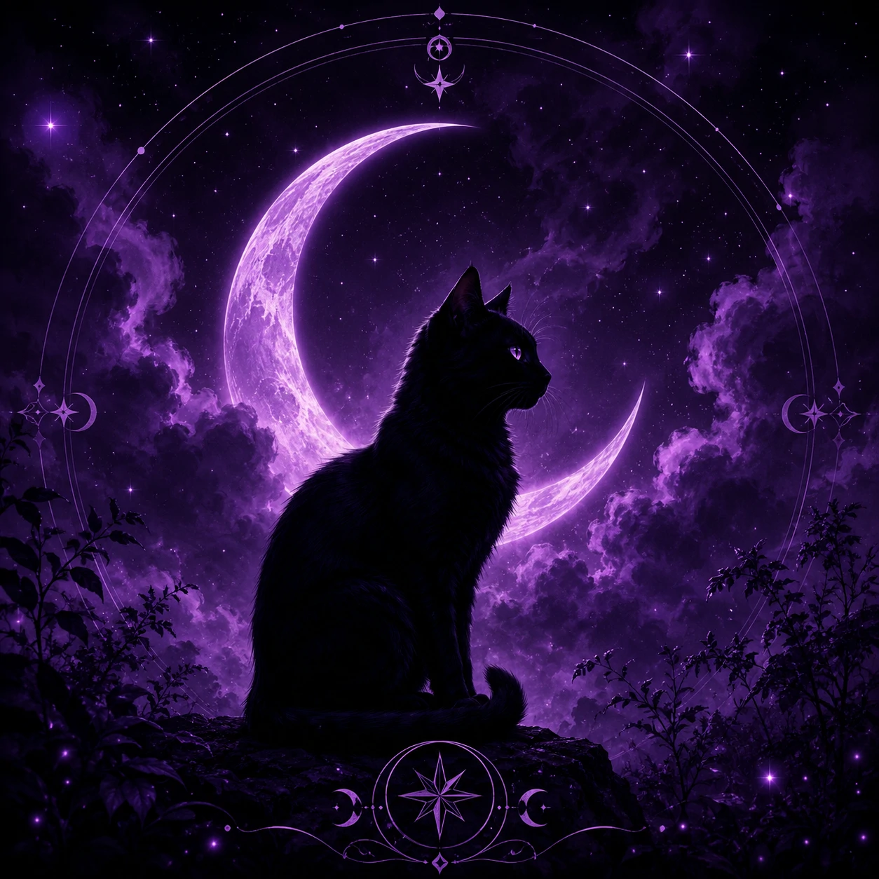 Witchy black cat profile picture with a crescent moon, purple haze and mystical atmosphere