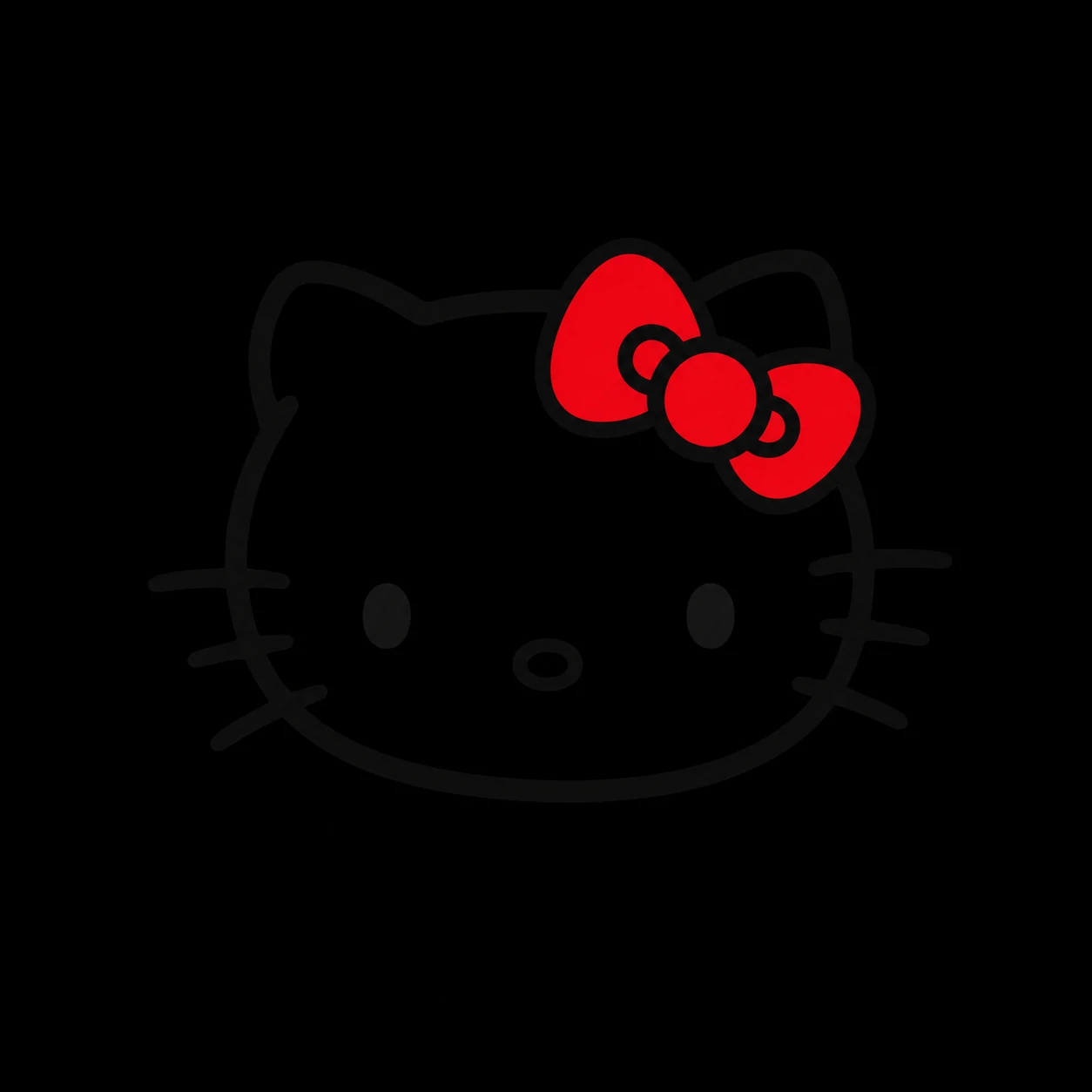 Minimalist black Hello Kitty PFP on a jet-black background with one small red bow accent