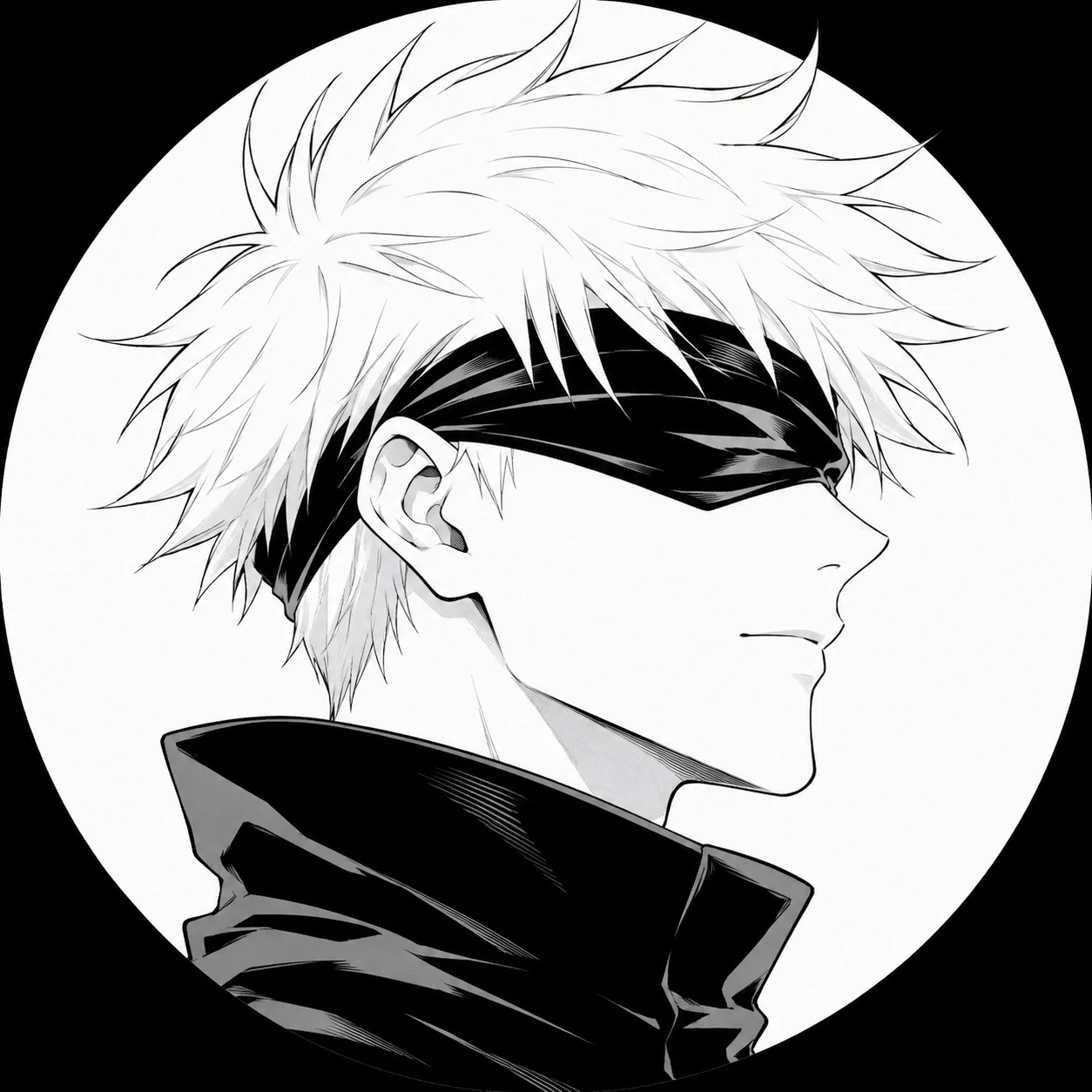 Black and white Satoru Gojo profile icon with calm expression and clean lines