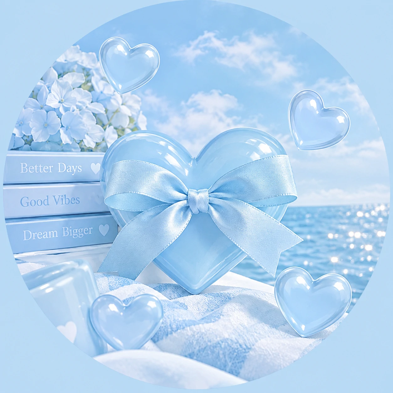 Blue preppy pfp featuring powder sky tones, glossy hearts, and a soft aesthetic mood