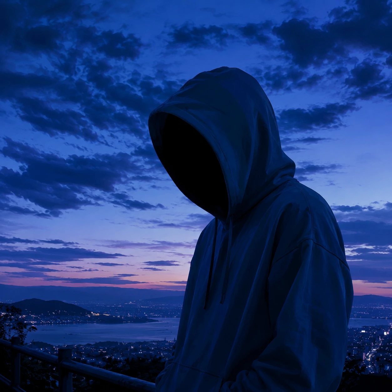 Blue unknown pfp with calm cool tones and faceless dusk silhouette
