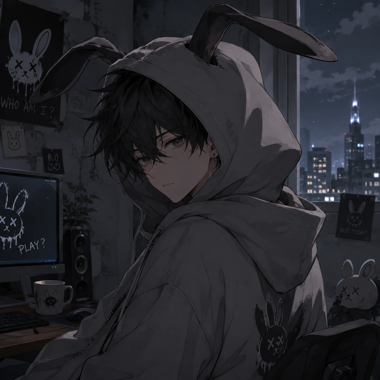 Bunny boy pfp of an anime boy in a gray hoodie with dark rabbit ears