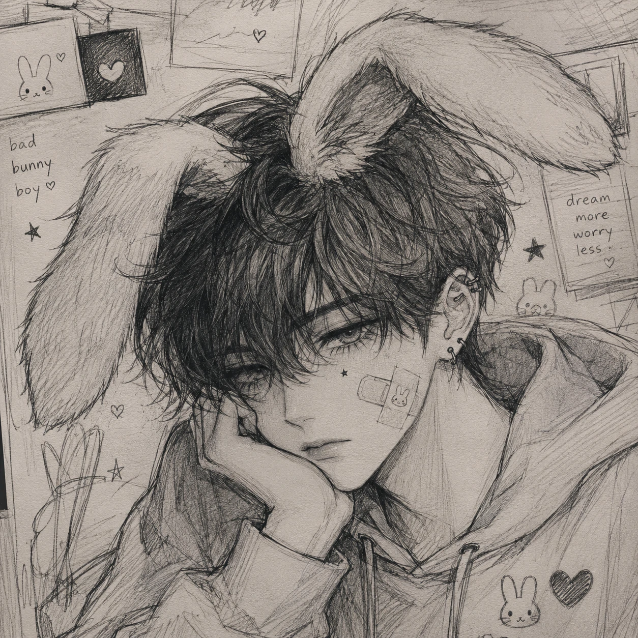 Hand-drawn bunny boy profile picture with pencil shading and fluffy ears