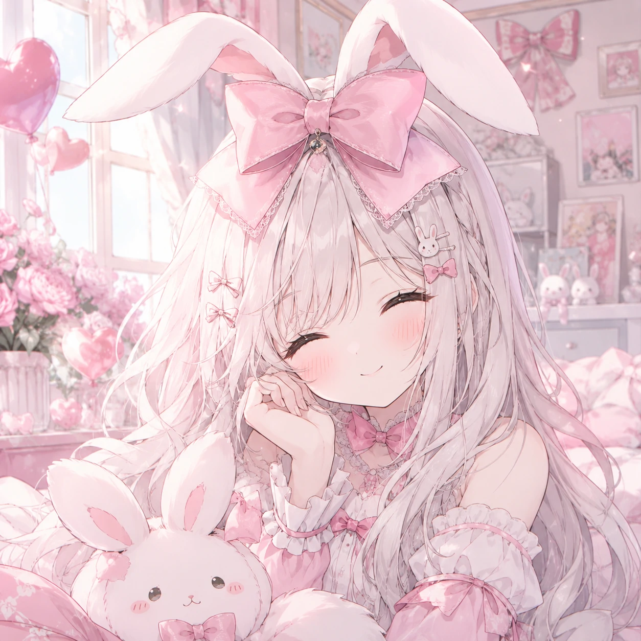 Bunny girl pfp of an anime girl with white rabbit ears and a large pink bow