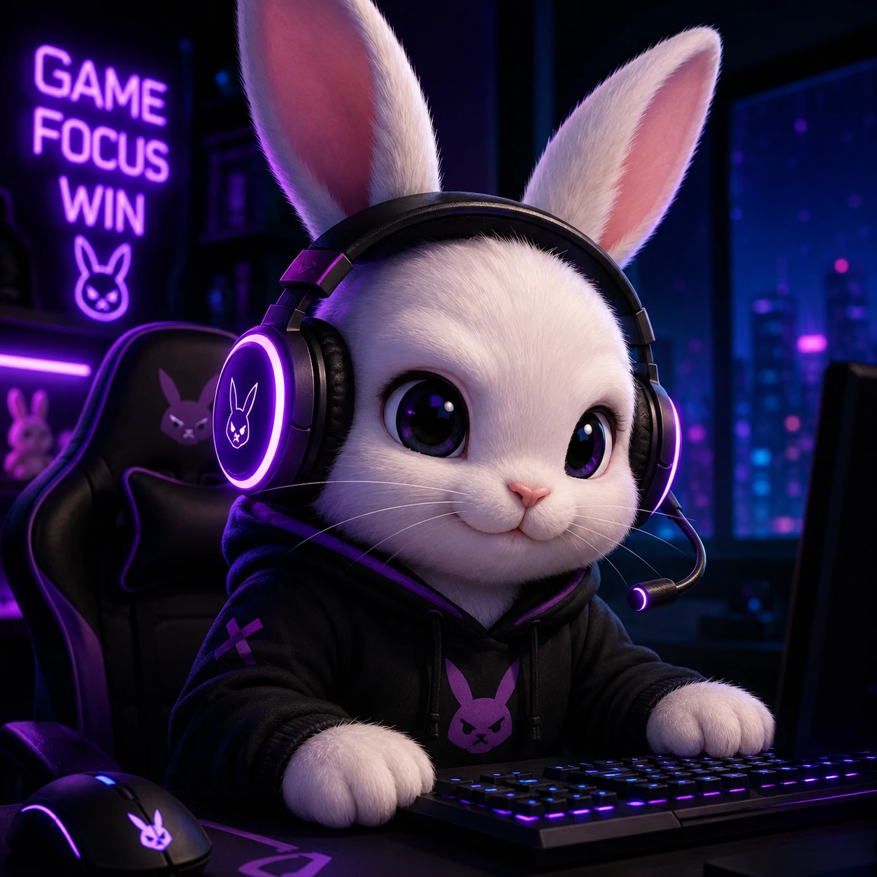 Bunny pfp with headphones, glowing headset on a dark gaming-style background