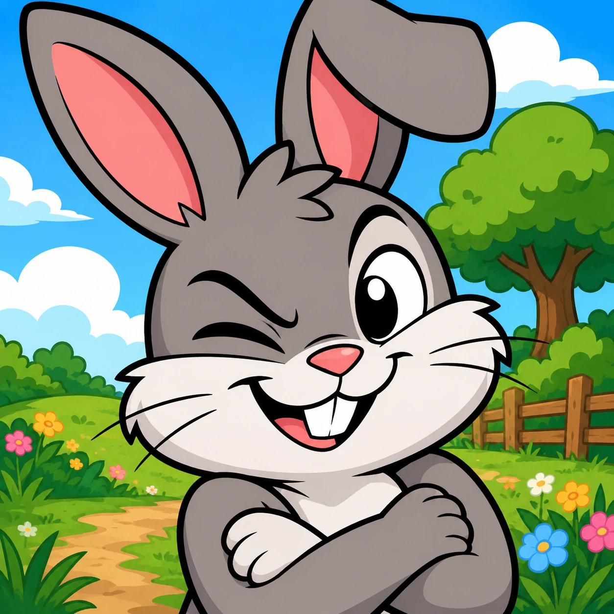 Cartoon bunny pfp with thick outlines, flat colors, and a cheeky grin